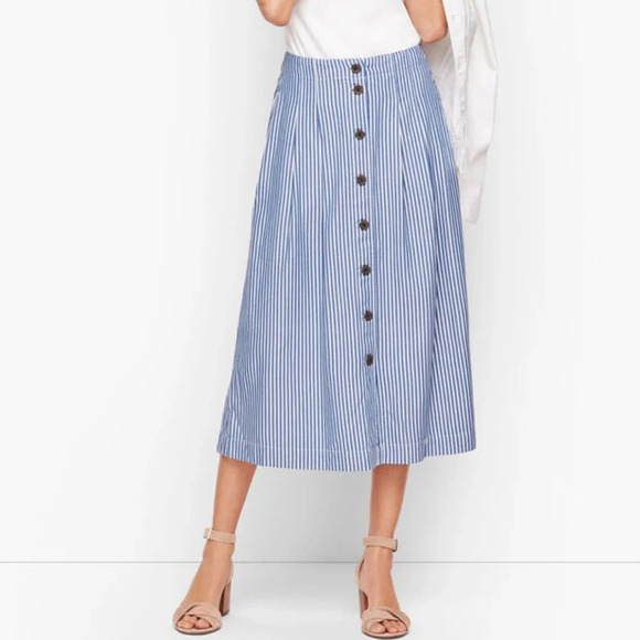 Talbots Dresses & Skirts - Talbots Stripe Button Front Pleated Skirt Blue White Size 14 NWT New!